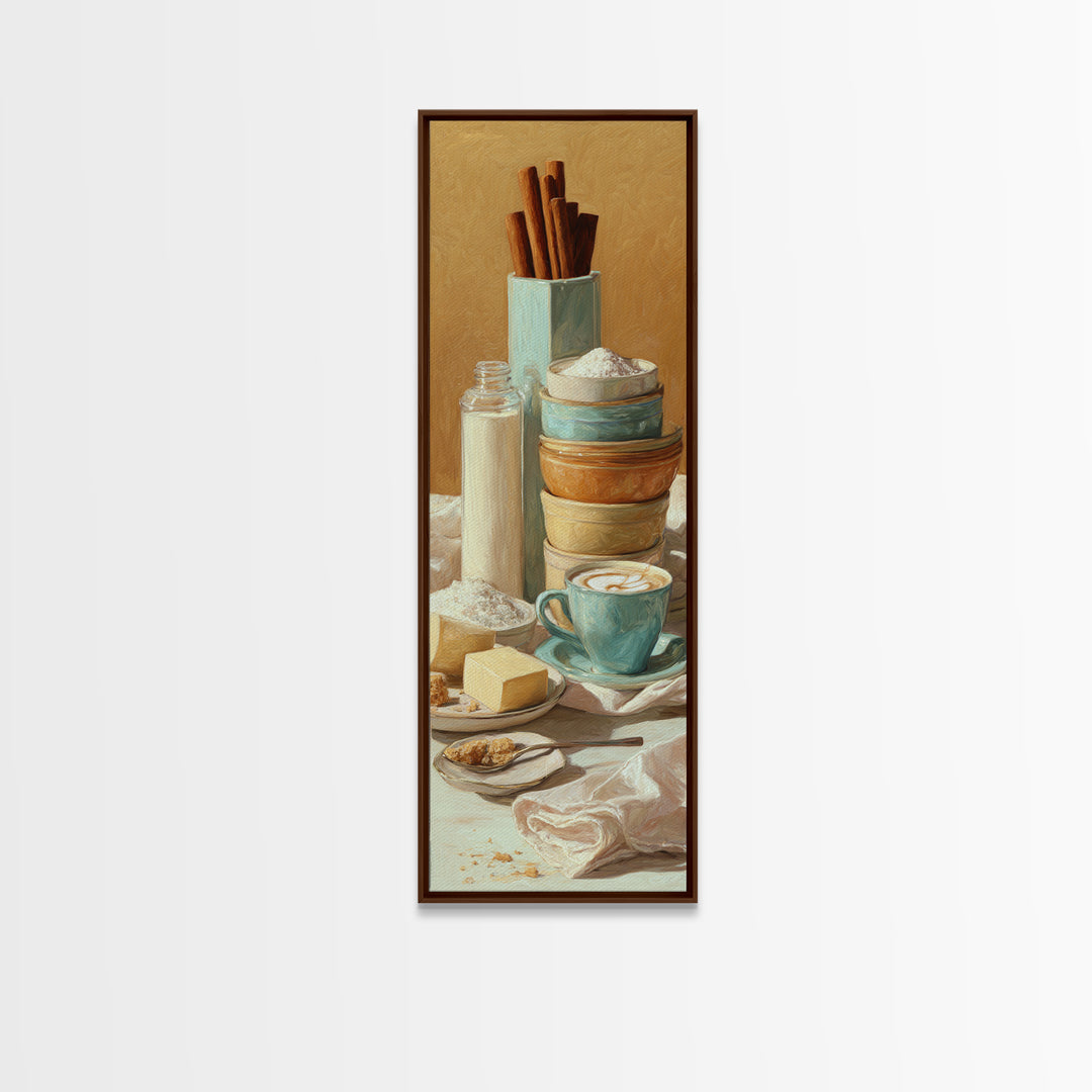 Cinnamon Sticks and Cappuccino Foam Still Life Canvas Print, Coffee Shop Art, Wall Art, Cafe Decor, Oil Painting, Cafe, CSA-1x3-12