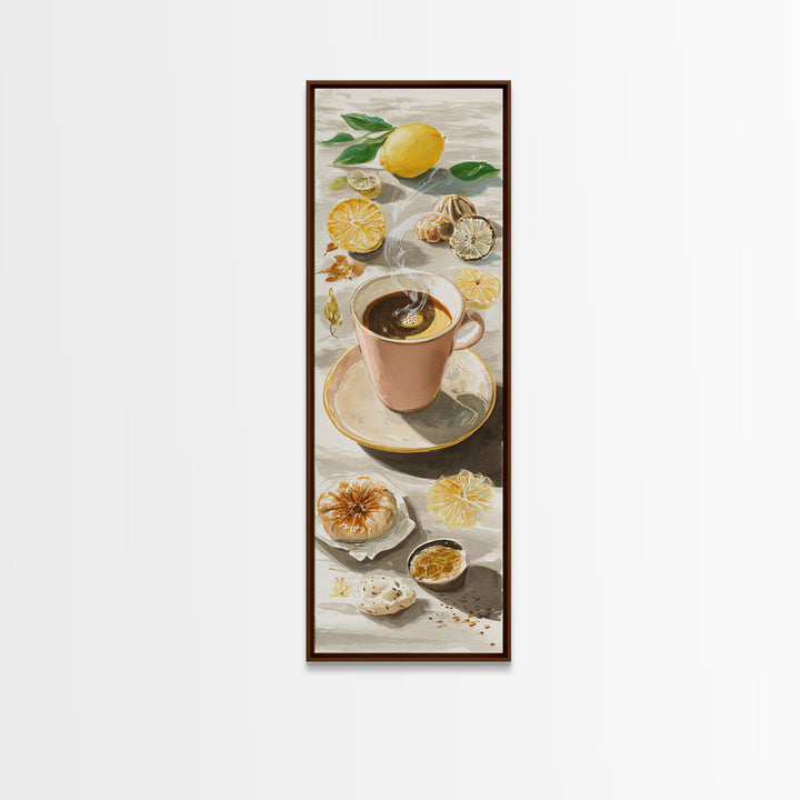 Espresso Cup with Rising Steam and Warm Framed Canvas Print, Coffee Shop Art, Art Print, Cafe Decor, Cafe, Dark Academia Decor, CSA-1x3-61