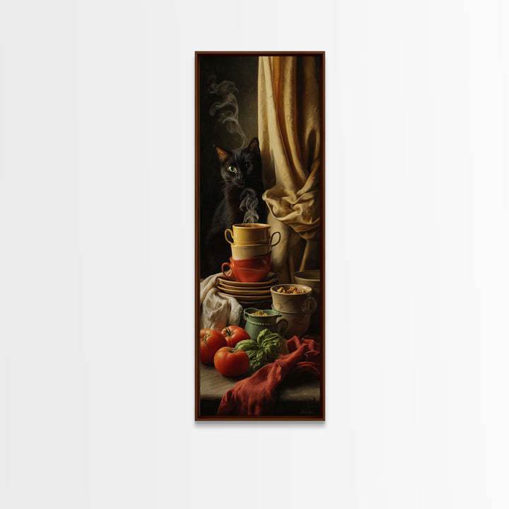 Black Cat Beside a Steaming Cup Framed Canvas Print, Coffee Shop Art, Fine Art Print, Cafe Decor, Fine Art, Cafe, Printable, CSA-1x3-74