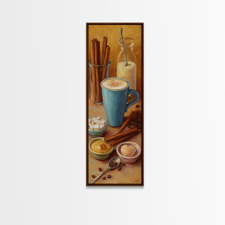 Cinnamon Sticks and Cappuccino Foam Still Life Framed Canvas Print, Coffee Shop Art, Dopamine Decor, Cafe Decor, Fine Art, Cafe, CSA-1x3-84
