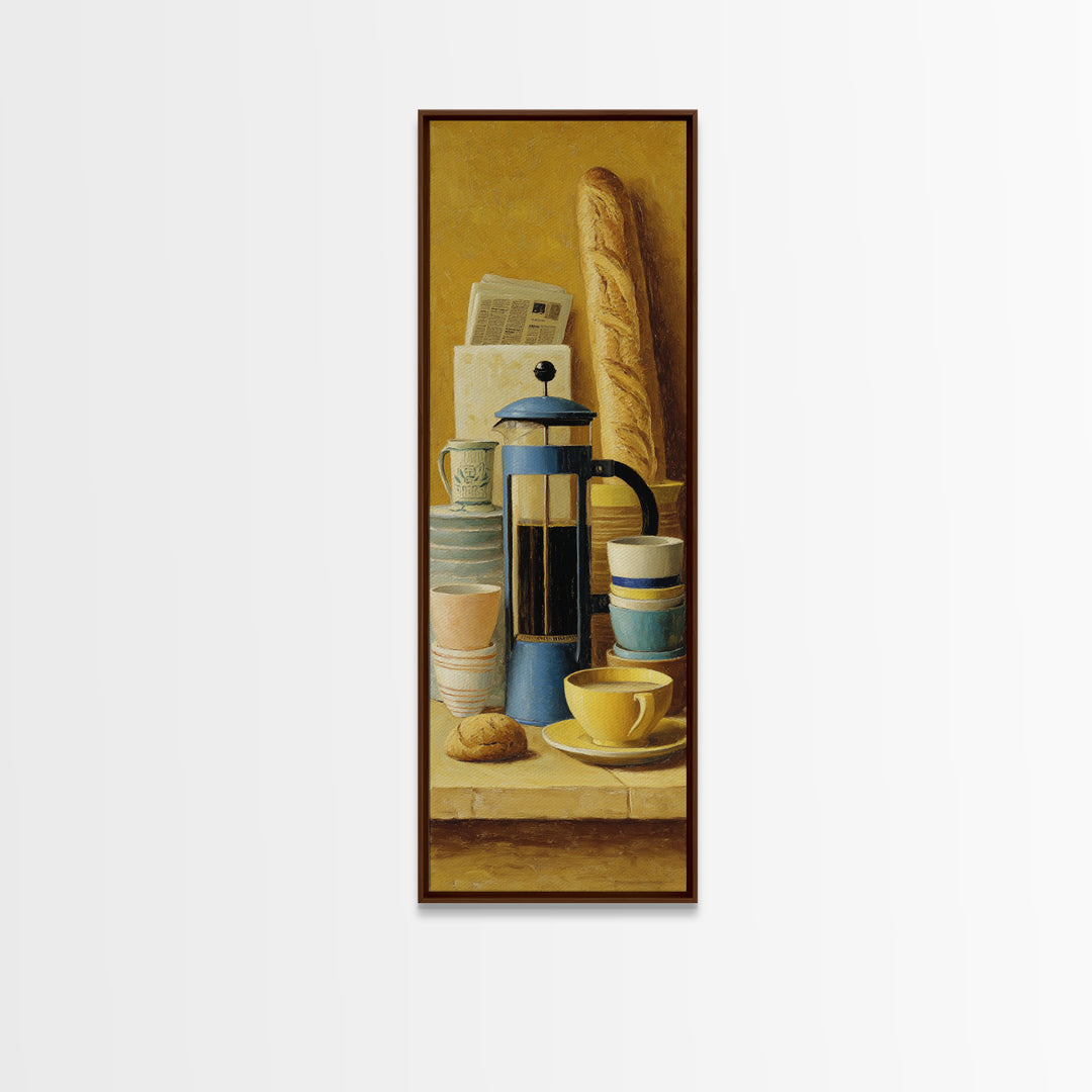 French Press and Morning Newspaper Without Readable Canvas Print, Coffee Shop Art, Room Decor, Cafe Decor, Fine Art, Cafe, CSA-1x3-94