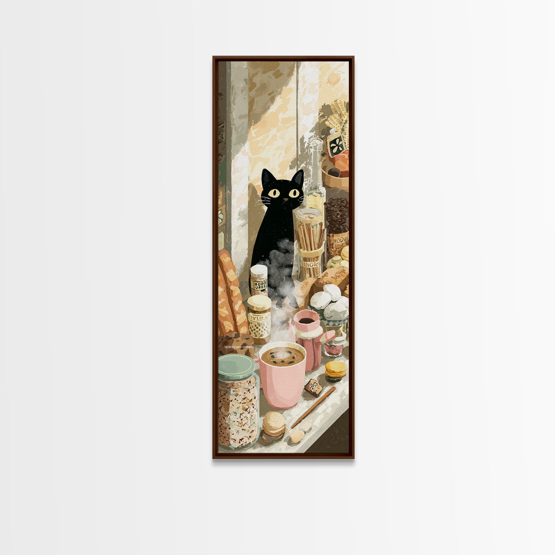 Black Cat Beside a Steaming Cup Canvas Print, Coffee Shop Art, Textured Painting, Cafe Decor, Fine Art, Cafe, Kitchen Decor, CSA-1x3-98