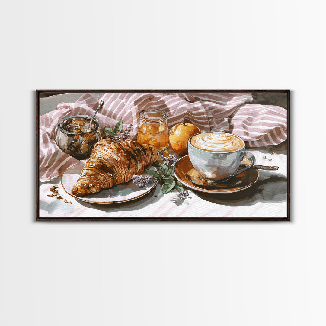 Croissant and Cappuccino on Striped Cloth Framed Canvas Print, Coffee Shop Art, Canvas Wall Art, Cafe Decor, Fine Art, Cafe, CSA-2x1-1