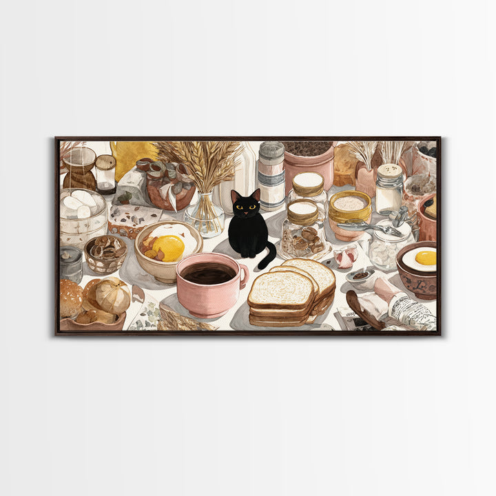 Black Cat Beside a Steaming Cup Framed Canvas Print, Coffee Shop Art, Contemporary Art, Cafe Decor, Cafe, Printable Art, CSA-2x1-10