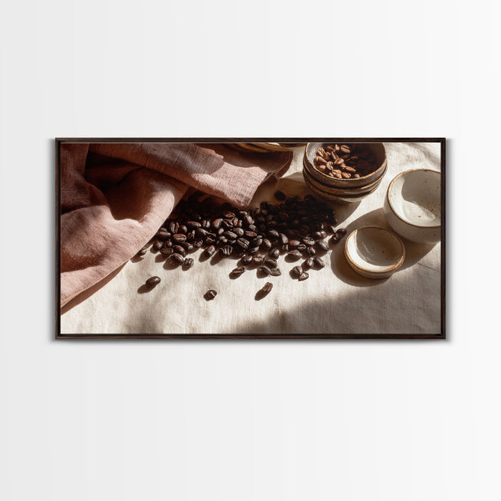 Roasted Beans Falling Through Dark Space Framed Canvas Print, Coffee Shop Art, Fine Art Print, Cafe Decor, Fine Art, Cafe, CSA-2x1-16