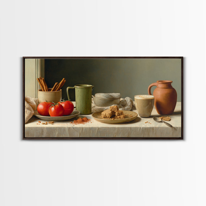 Cinnamon Sticks and Cappuccino Foam Still Life Framed Canvas Print, Coffee Shop Art, Statement Artwork, Cafe Decor, Cafe, CSA-2x1-20