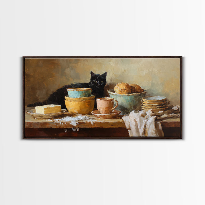Black Cat Beside a Steaming Cup Framed Canvas Print, Coffee Shop Art, Contemporary Art, Cafe Decor, Cafe, Printable Art, CSA-2x1-34