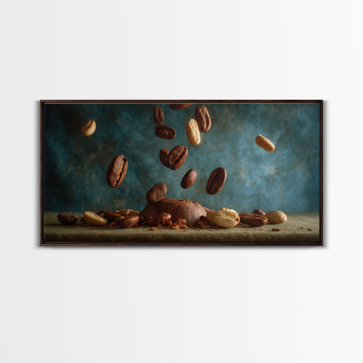 Roasted Beans Falling Through Dark Space Framed Canvas Print, Coffee Shop Art, Wall Decor, Cafe Decor, Fine Art, Cafe, CSA-2x1-40