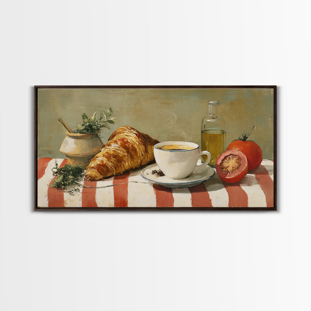 Croissant and Cappuccino on Striped Cloth Canvas Print, Coffee Shop Art, Kitchen Art, Cafe Decor, Cafe, Minimalist Wall Art, CSA-2x1-49