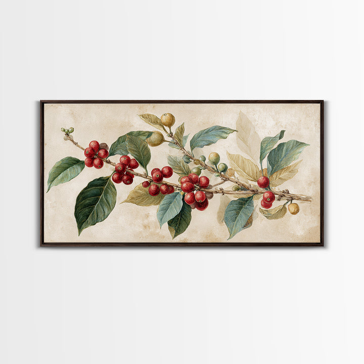 Botanical Coffee Plant Branch Framed Canvas Print, Coffee Shop Art, Coffee, Cafe Decor, Oil Painting, Cafe, Living Room Decor, CSA-2x1-50