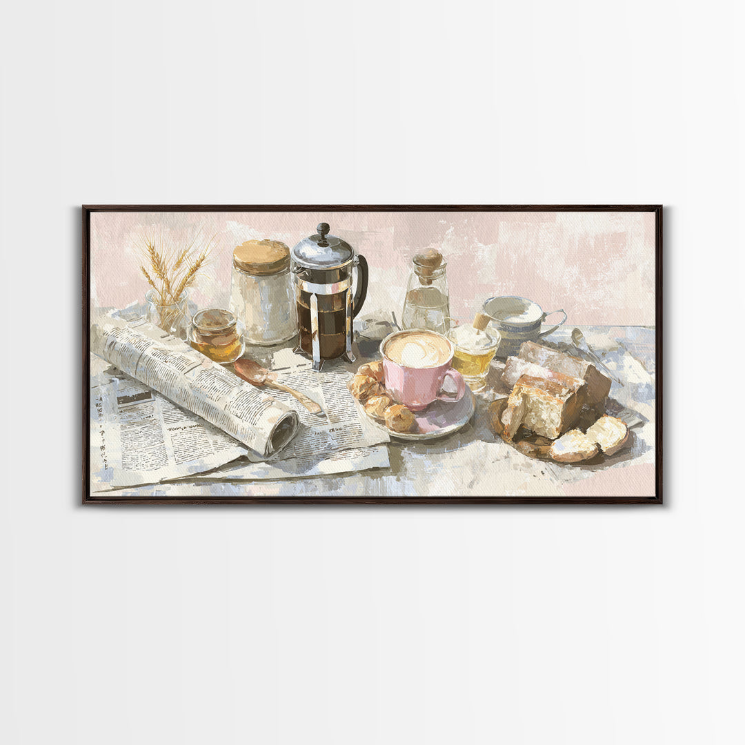 French Press and Morning Newspaper Without Readable Canvas Print, Coffee Shop Art, Art Print, Cafe Decor, Fine Art, Cafe, CSA-2x1-54