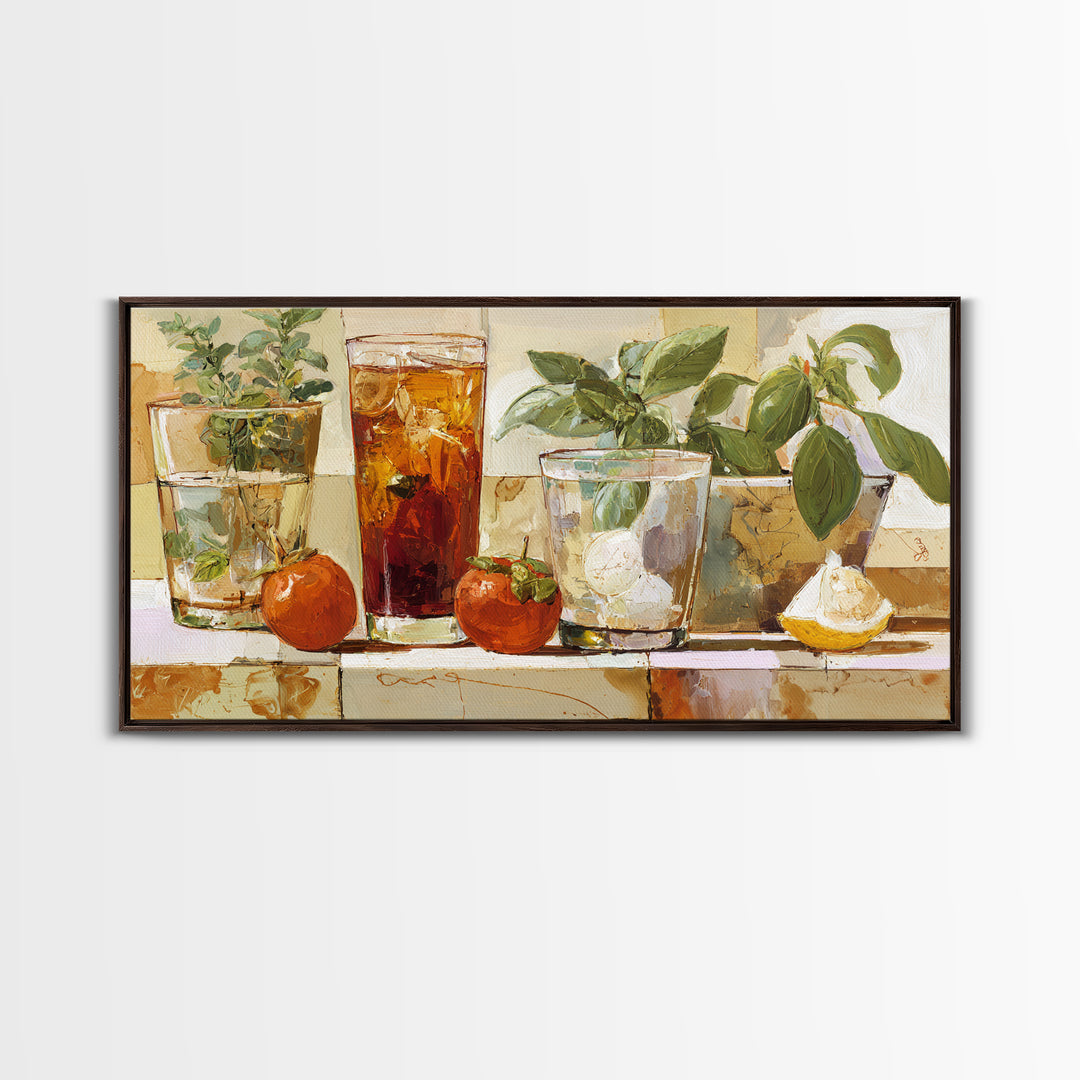 Iced Coffee Glass Framed Canvas Print, Coffee Shop Art, Dark Academia Decor, Cafe Decor, Fine Art, Cafe, Whimsical Art, CSA-2x1-55