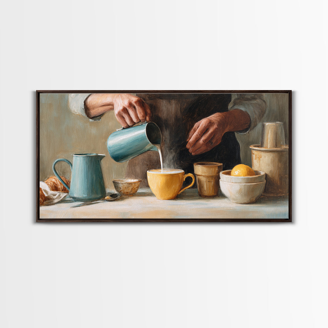 Barista Hands Pouring Milk into Espresso Framed Canvas Print, Coffee Shop Art, Printable Art, Cafe Decor, Abstract Art, Cafe, CSA-2x1-65