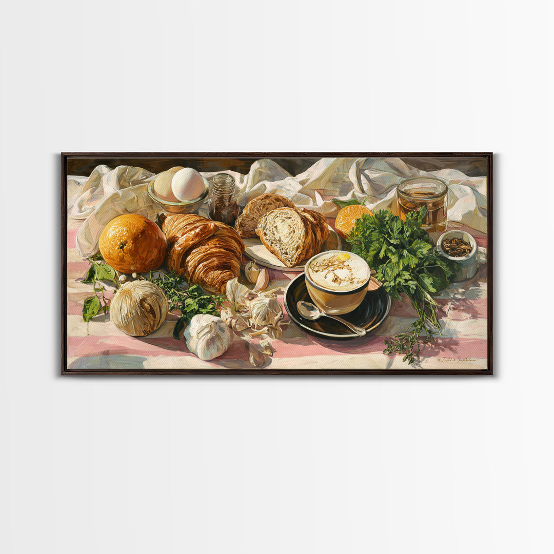 Croissant and Cappuccino on Striped Cloth Canvas Print, Coffee Shop Art, Kitchen Art, Cafe Decor, Cafe, Minimalist Wall Art, CSA-2x1-73