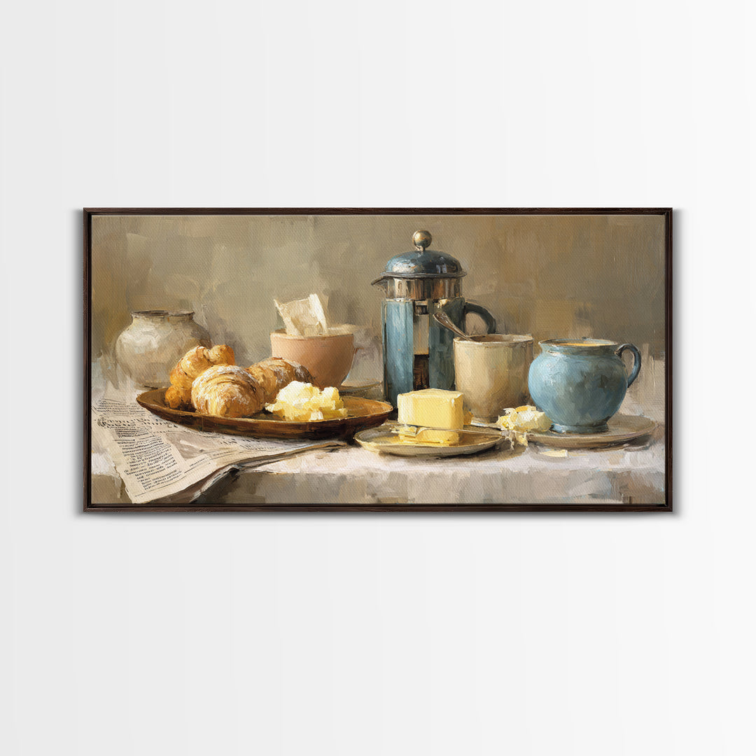 French Press and Morning Newspaper Without Readable Canvas Print, Coffee Shop Art, Art Print, Cafe Decor, Fine Art, Cafe, CSA-2x1-78