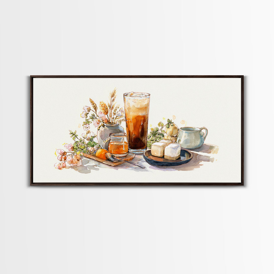 Iced Coffee Glass Framed Canvas Print, Coffee Shop Art, Food Art, Cafe Decor, Fine Art, Cafe, Minimalist Decor, CSA-2x1-79