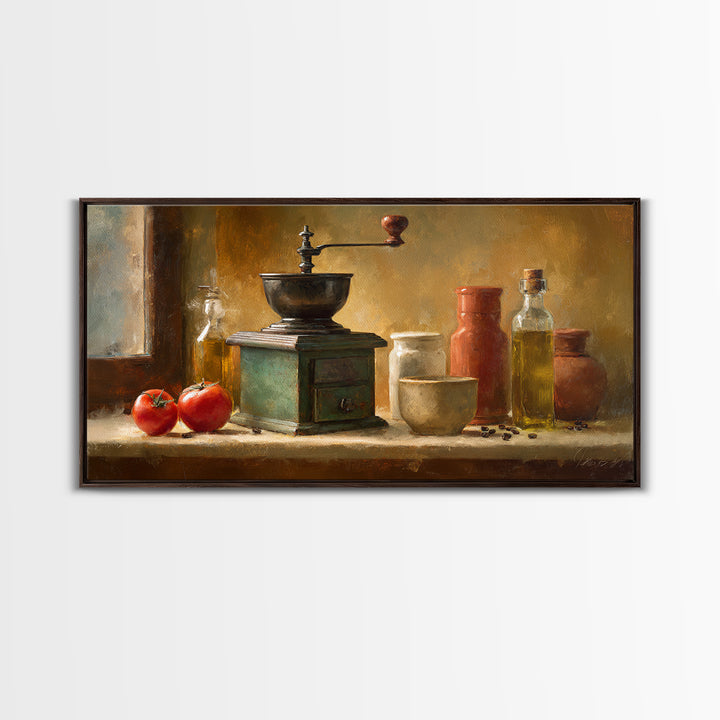 Coffee Grinder Antique Still Life Framed Canvas Print, Coffee Shop Art, Dopamine Decor, Cafe Decor, Cafe, Coffee Wall Art, CSA-2x1-80