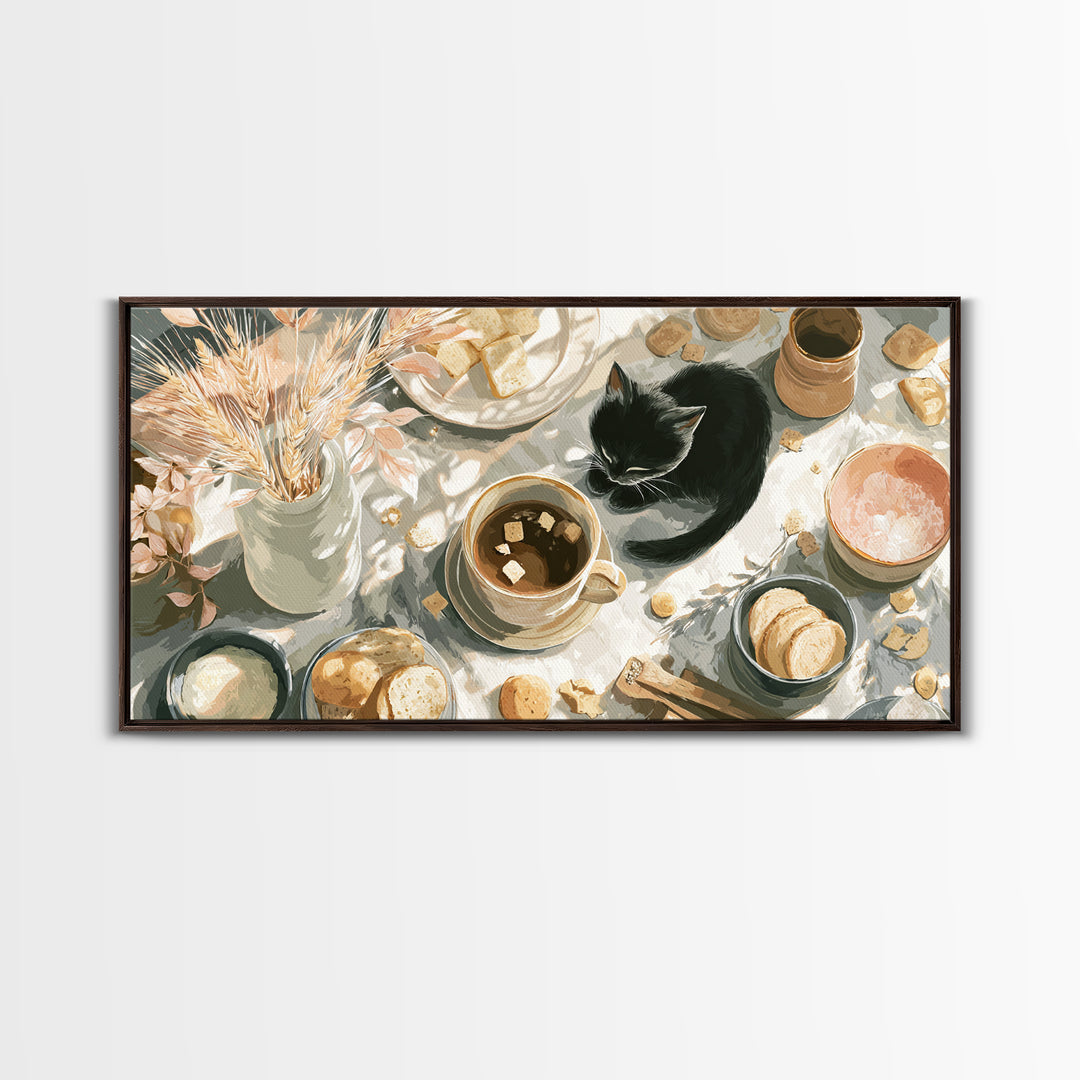 Black Cat Beside a Steaming Cup Canvas Print, Coffee Shop Art, Printable, Cafe Decor, Fine Art, Cafe, Dopamine Decor, CSA-2x1-82