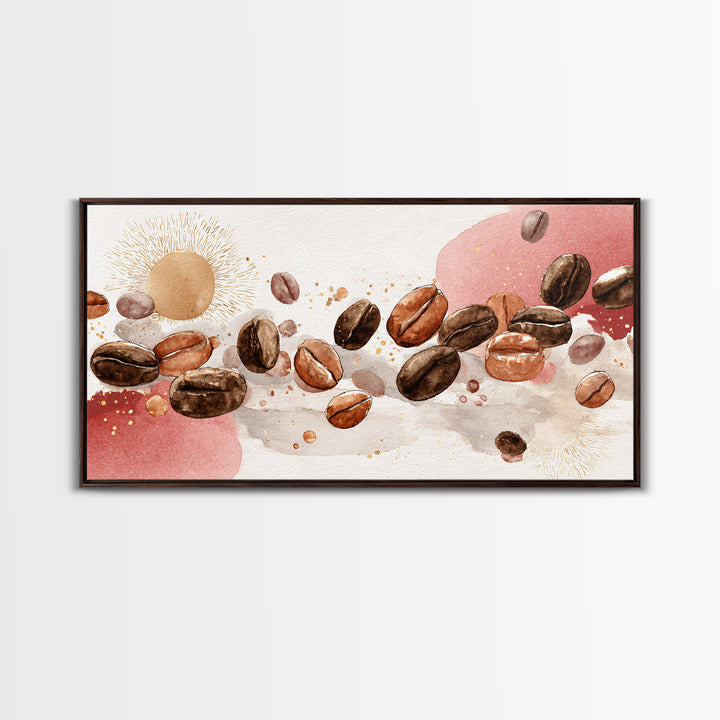 Roasted Beans Falling Through Dark Space Framed Canvas Print, Coffee Shop Art, Kitchen Art, Cafe Decor, Fine Art, Cafe, CSA-2x1-88