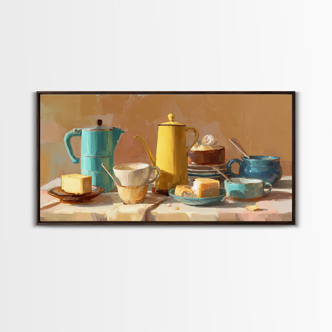 Mid Century Coffee Pot Framed Canvas Print, Coffee Shop Art, Digital Wall Art, Cafe Decor, Oil Painting, Cafe, Bedroom Wall Art, CSA-2x1-90