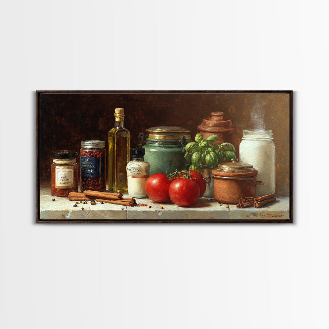 Cinnamon Sticks and Cappuccino Foam Still Life Framed Canvas Print, Coffee Shop Art, Kitchen Gift, Cafe Decor, Oil Painting, CSA-2x1-92