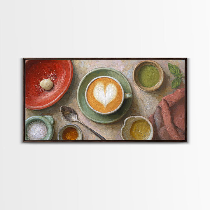 Latte Art Heart Seen from Above Framed Canvas Print, Coffee Shop Art, Kitchen Wall Decor, Cafe Decor, Oil Painting, Cafe, CSA-2x1-96