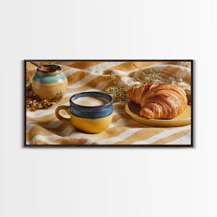 Croissant and Cappuccino on Striped Cloth Framed Canvas Print, Coffee Shop Art, Canvas Print, Cafe Decor, Fine Art, Cafe, CSA-2x1-97