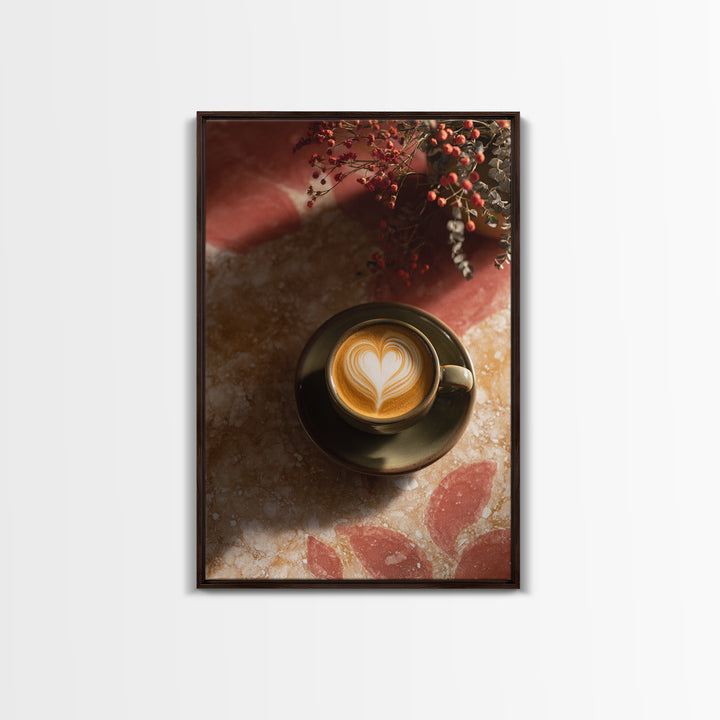 Latte Art Heart Seen from Above Framed Canvas Print, Coffee Shop Art, Digital Wall Art, Cafe Decor, Oil Painting, Cafe, CSA-2x3-12
