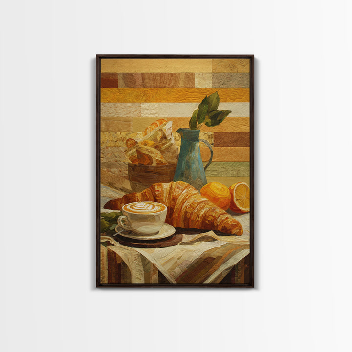 Croissant and Cappuccino on Striped Cloth Framed Canvas Print, Coffee Shop Art, Kitchen Wall Art, Cafe Decor, Fine Art, Cafe, CSA-2x3-13