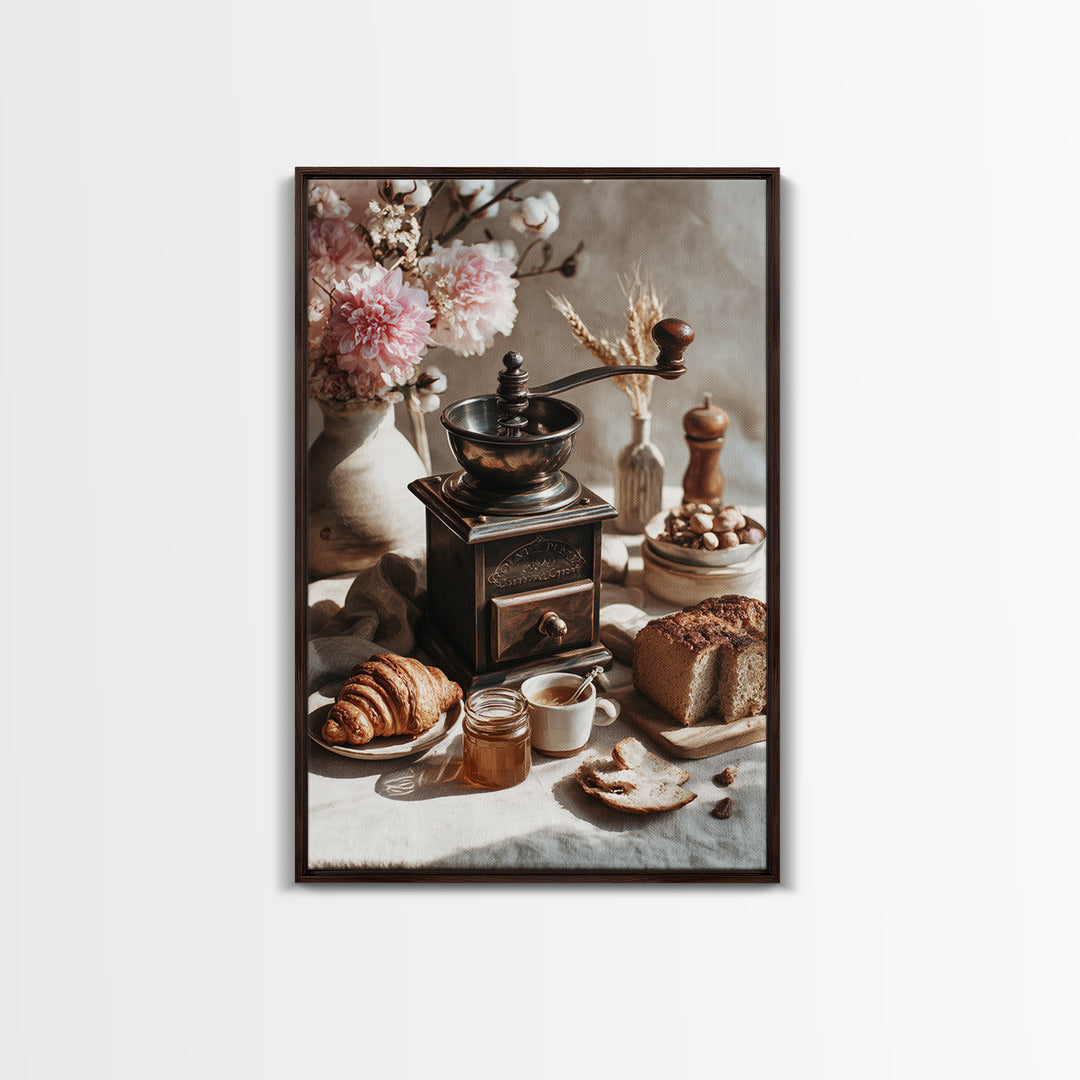 Coffee Grinder Antique Still Life Framed Canvas Print, Coffee Shop Art, Kitchen Gift, Cafe Decor, Oil Painting, Cafe, CSA-2x3-20