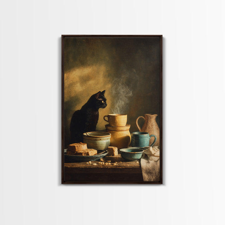 Black Cat Beside a Steaming Cup Framed Canvas Print, Coffee Shop Art, Wall Decor, Cafe Decor, Fine Art, Cafe, Kitchen Gift, CSA-2x3-22