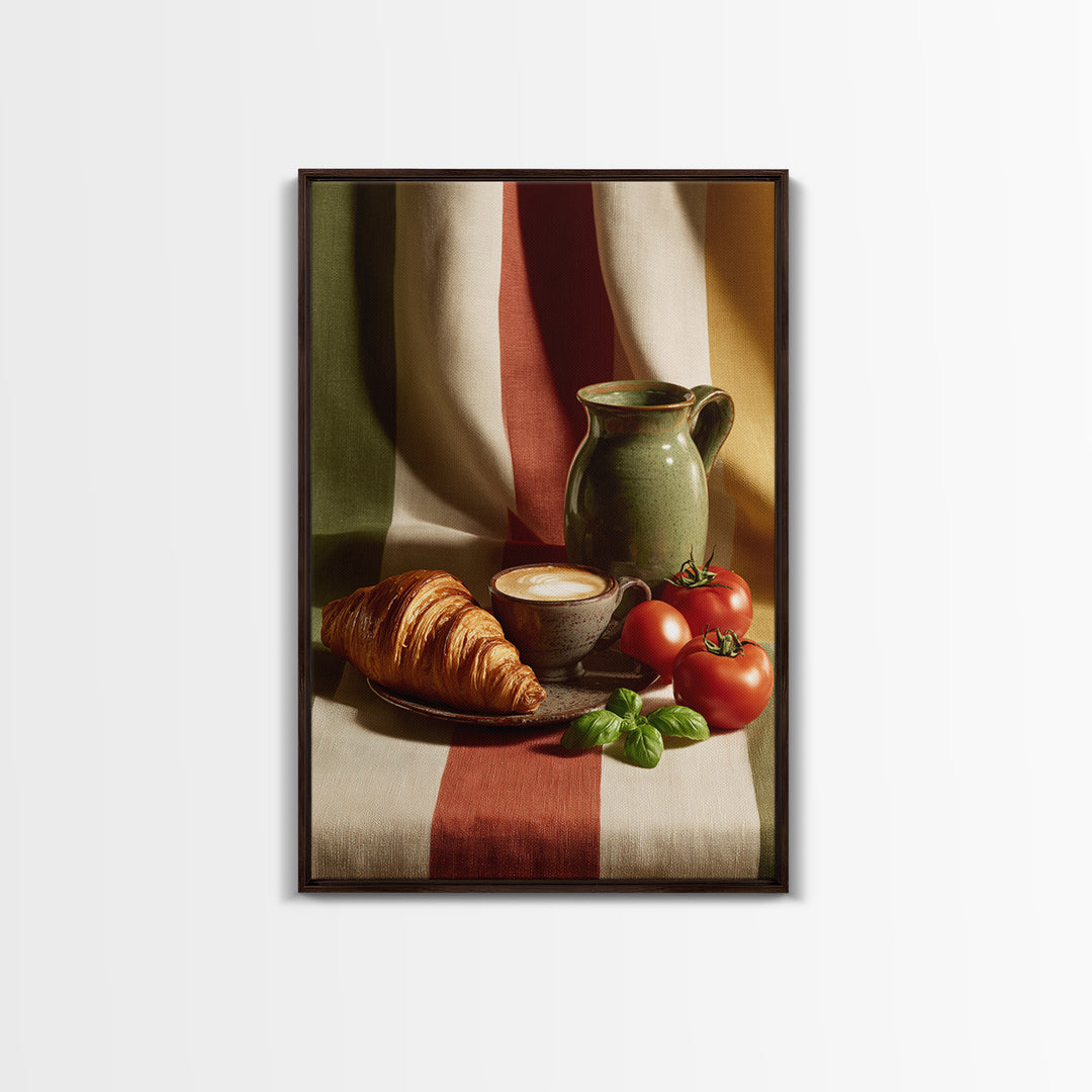 Croissant and Cappuccino on Striped Cloth Framed Canvas Print, Coffee Shop Art, Kitchen Wall Art, Cafe Decor, Fine Art, Cafe, CSA-2x3-37