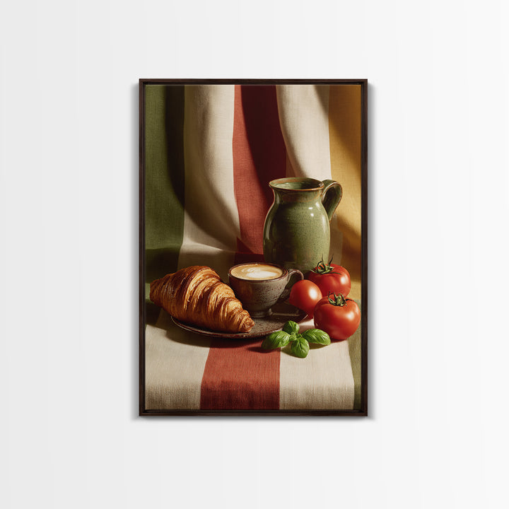 Croissant and Cappuccino on Striped Cloth Framed Canvas Print, Coffee Shop Art, Kitchen Wall Art, Cafe Decor, Fine Art, Cafe, CSA-2x3-37