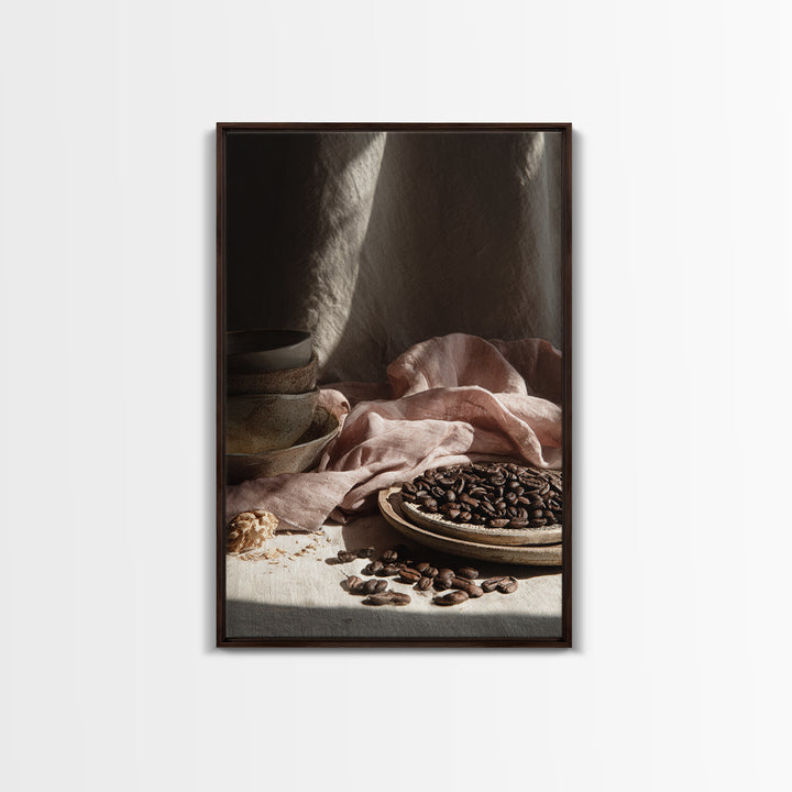 Roasted Beans Falling Through Dark Space Framed Canvas Print, Coffee Shop Art, Contemporary Art, Cafe Decor, Fine Art, Cafe, CSA-2x3-4