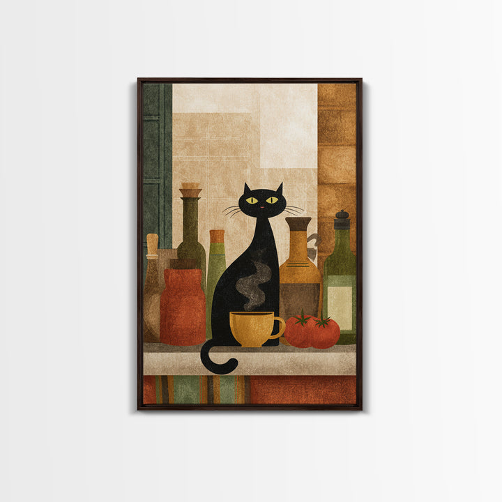 Black Cat Beside a Steaming Cup Framed Canvas Print, Coffee Shop Art, Wall Decor, Cafe Decor, Fine Art, Cafe, Kitchen Gift, CSA-2x3-46