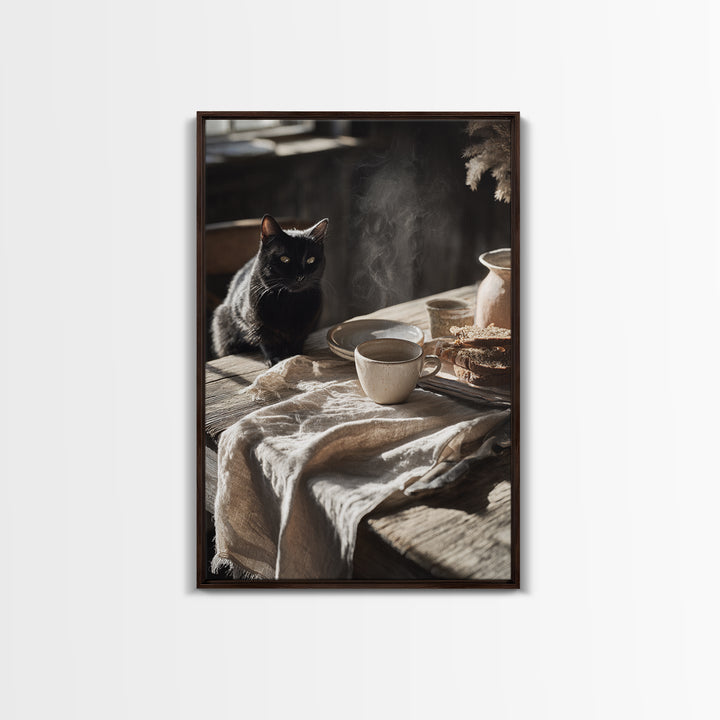 Black Cat Beside a Steaming Cup Canvas Print, Coffee Shop Art, Canvas Wall Art, Cafe Decor, Fine Art, Cafe, Bedroom Wall Art, CSA-2x3-70