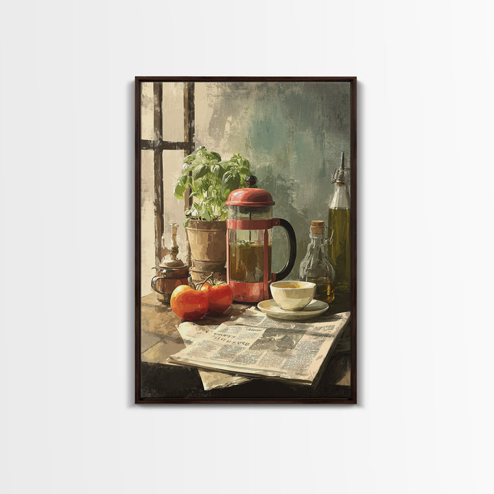 French Press and Morning Newspaper Without Readable Framed Canvas Print, Coffee Shop Art, Farmhouse Decor, Cafe Decor, Cafe, CSA-2x3-90