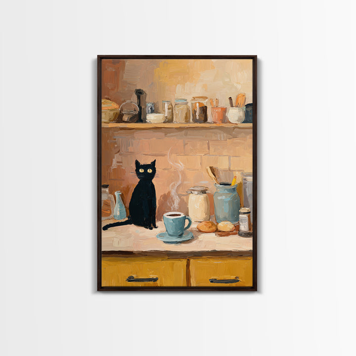 Black Cat Beside a Steaming Cup Framed Canvas Print, Coffee Shop Art, Kitchen Art, Cafe Decor, Cafe, Minimalist Wall Art, CSA-2x3-94