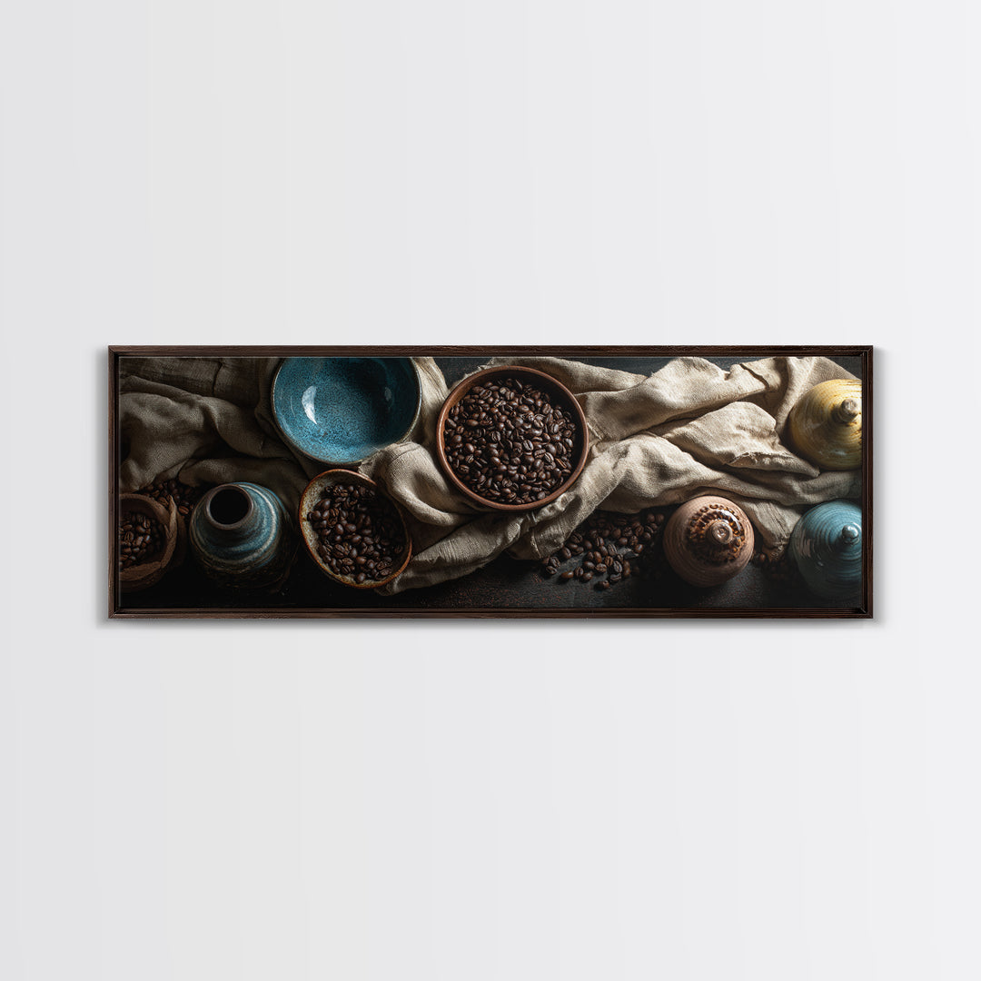 Roasted Beans Falling Through Dark Space Framed Canvas Print, Coffee Shop Art, Moody Wall Art, Cafe Decor, Fine Art, Cafe, CSA-3x1-12