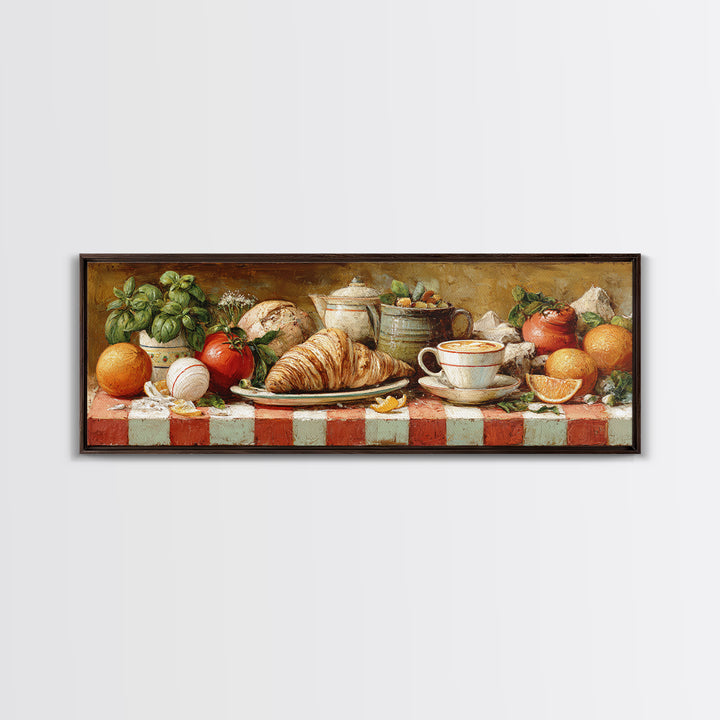 Croissant and Cappuccino on Striped Cloth Canvas Print, Coffee Shop Art, Moody Wall Art, Cafe Decor, Cafe, Luxury Decor, CSA-3x1-21