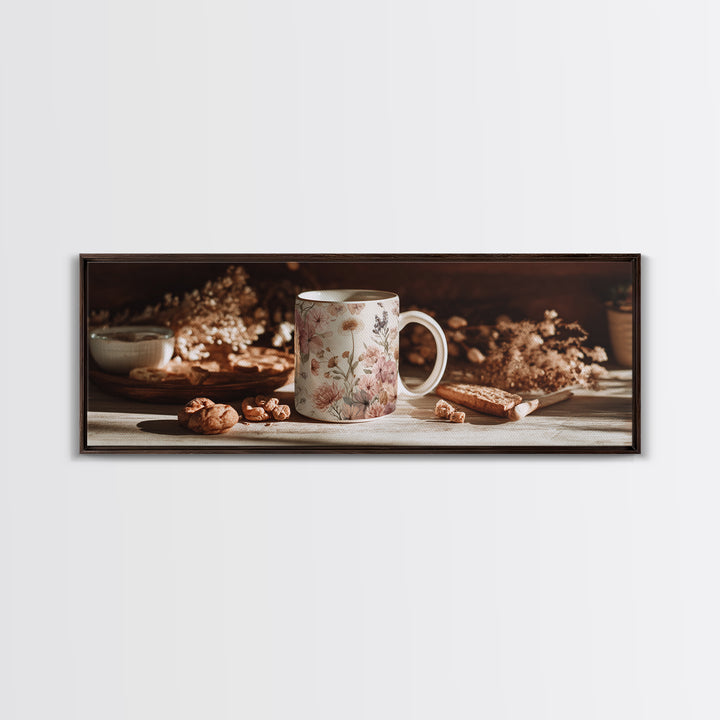 Ceramic Mug with Wildflowers Around It Framed Canvas Print, Coffee Shop Art, Coffee Wall Art, Cafe Decor, Fine Art, Cafe, CSA-3x1-32