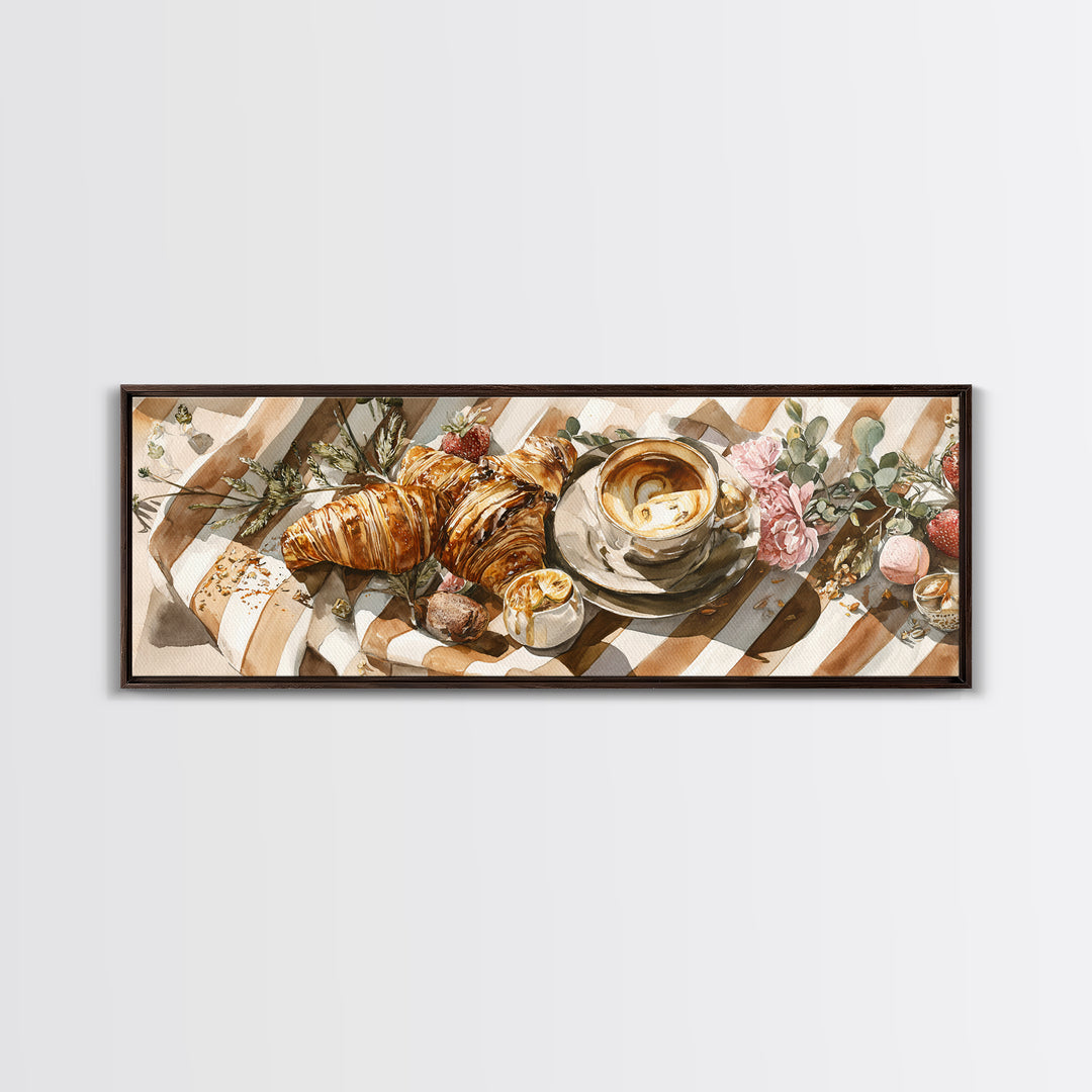 Croissant and Cappuccino on Striped Cloth Canvas Print, Coffee Shop Art, Moody Wall Art, Cafe Decor, Cafe, Luxury Decor, CSA-3x1-45