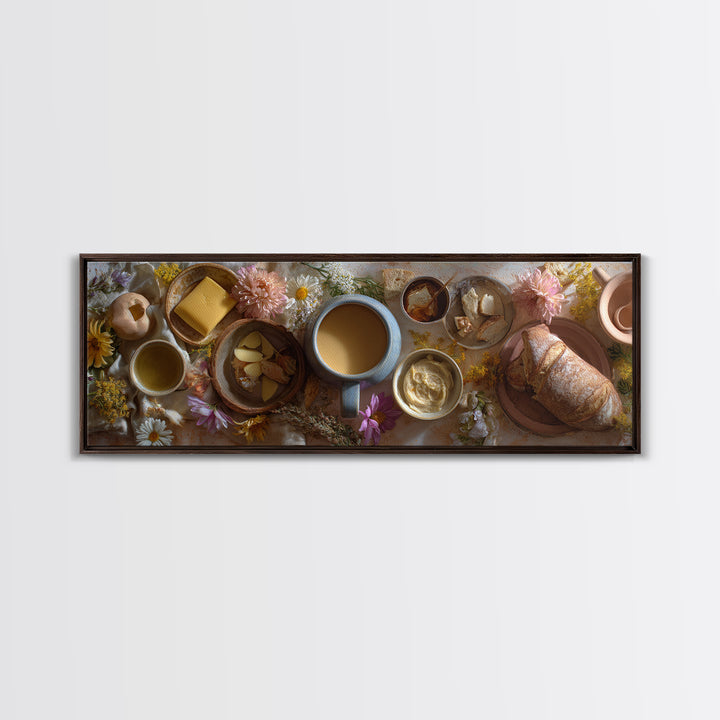 Ceramic Mug with Wildflowers Around It Framed Canvas Print, Coffee Shop Art, Minimalist Decor, Cafe Decor, Oil Painting, Cafe, CSA-3x1-56