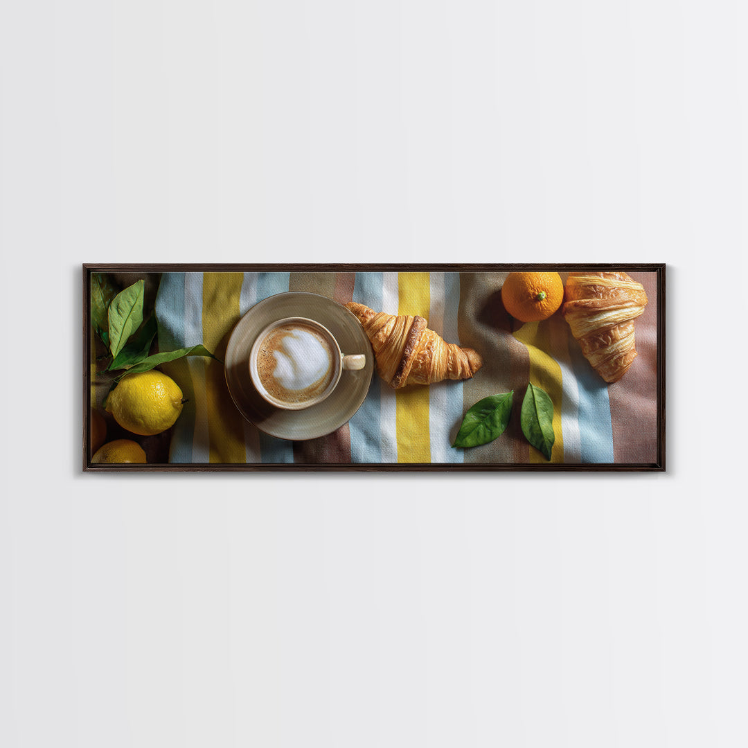 Croissant and Cappuccino on Striped Cloth Framed Canvas Print, Coffee Shop Art, Gallery Decor, Cafe Decor, Fine Art, Cafe, CSA-3x1-69