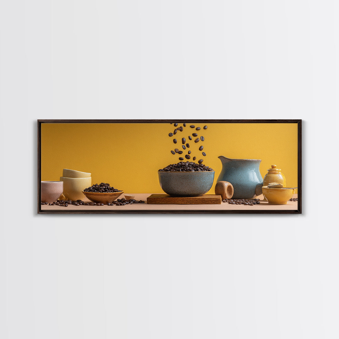 Roasted Beans Falling Through Dark Space Framed Canvas Print, Coffee Shop Art, Printable, Cafe Decor, Fine Art, Cafe, CSA-3x1-84
