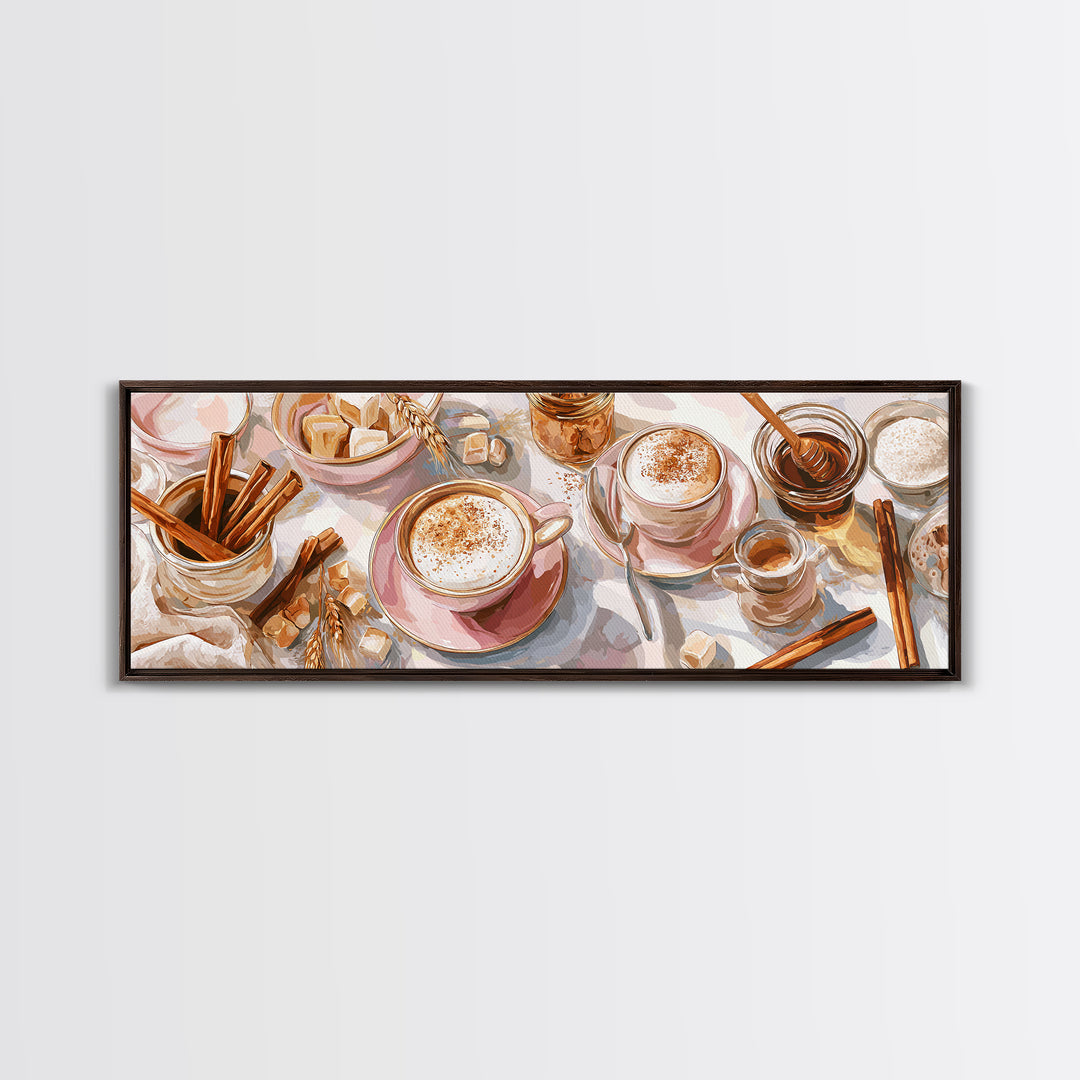 Cinnamon Sticks and Cappuccino Foam Still Life Canvas Print, Coffee Shop Art, Wall Art, Cafe Decor, Oil Painting, Cafe, CSA-3x1-88