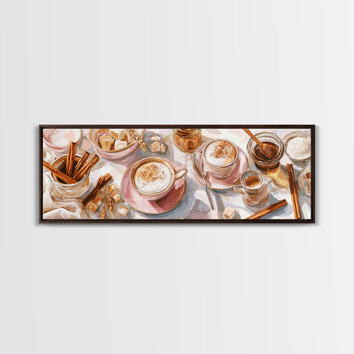 Cinnamon Sticks and Cappuccino Foam Still Life Canvas Print, Coffee Shop Art, Wall Art, Cafe Decor, Oil Painting, Cafe, CSA-3x1-88