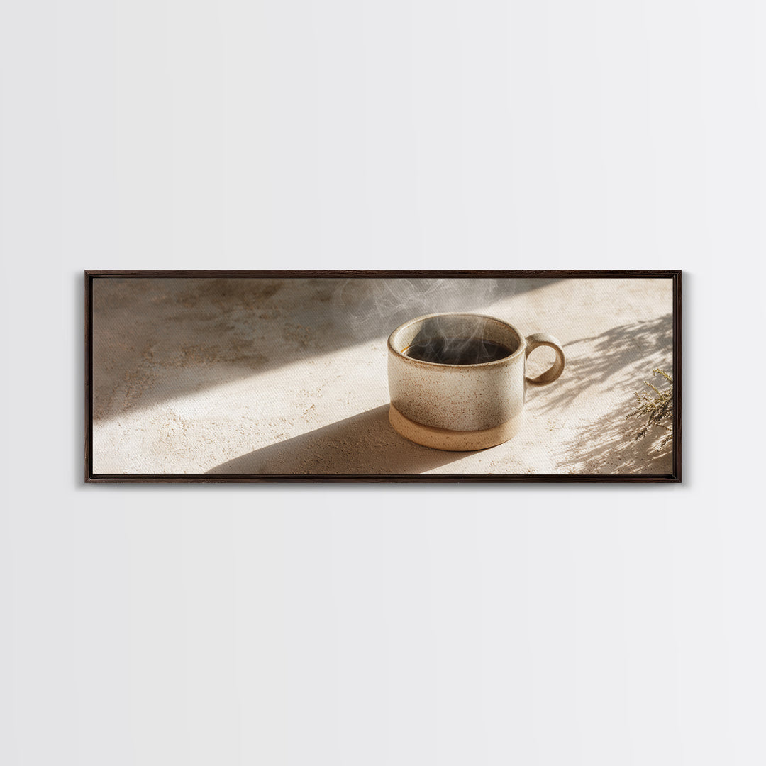 Espresso Cup with Rising Steam and Warm Framed Canvas Print, Coffee Shop Art, Boho Decor, Cafe Decor, Oil Painting, Cafe, CSA-3x1-89