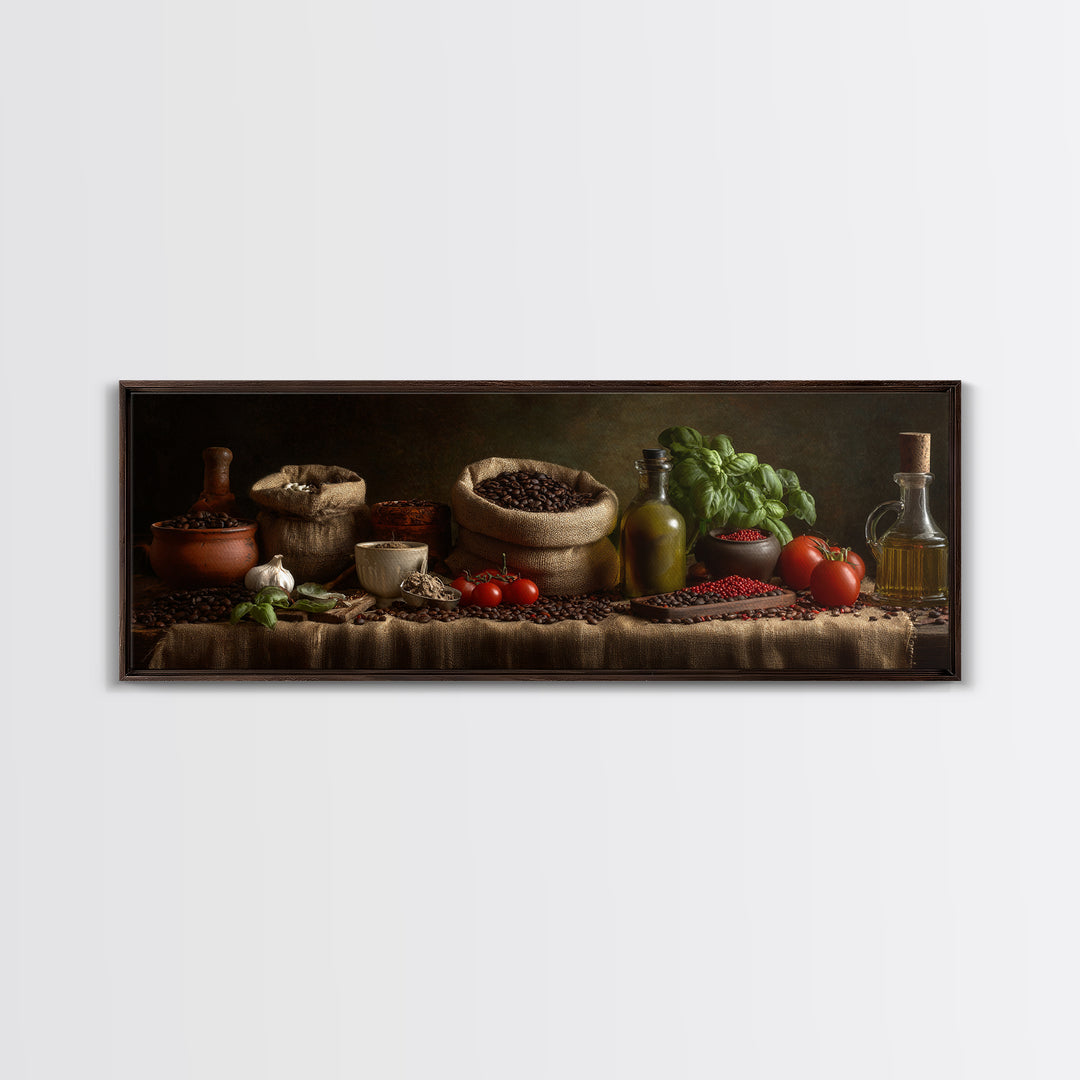 Coffee Beans and Burlap Sack Still Life Framed Canvas Print, Coffee Shop Art, Moody Wall Art, Cafe Decor, Fine Art, Cafe, CSA-3x1-90