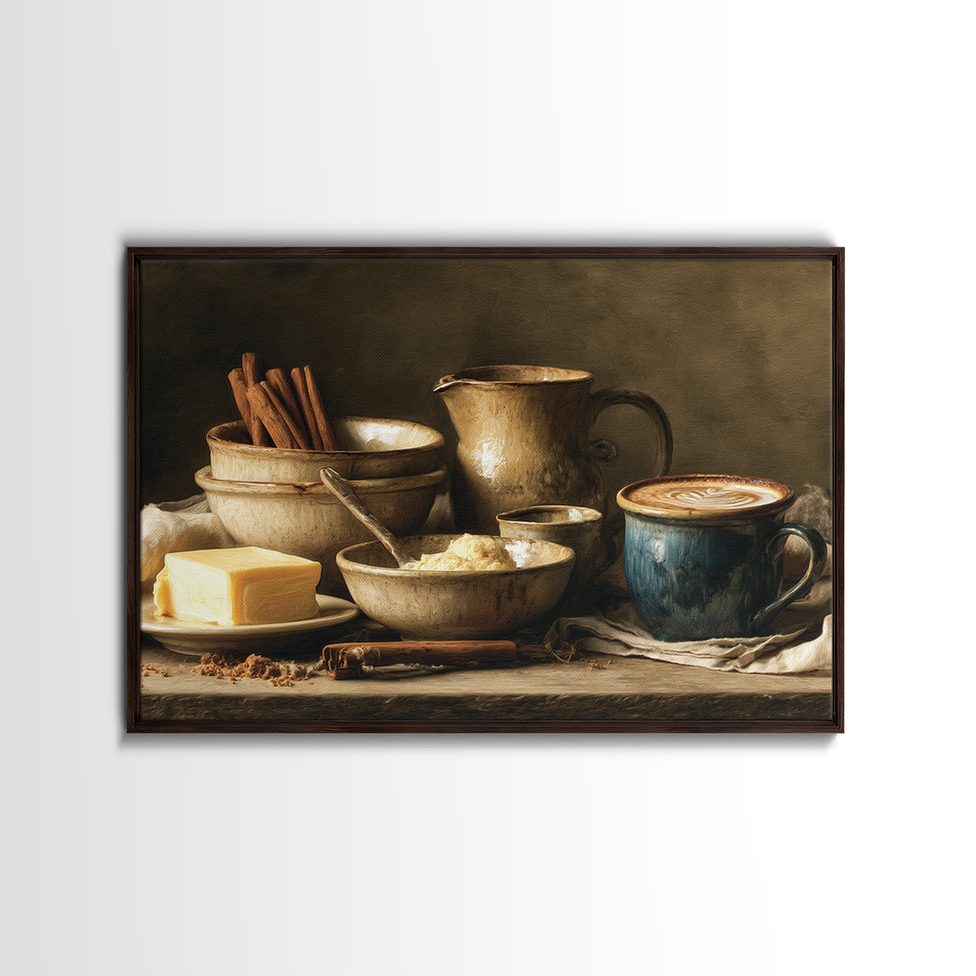 Cinnamon Sticks and Cappuccino Foam Still Life Framed Canvas Print, Coffee Shop Art, Wall Art, Cafe Decor, Oil Painting, Cafe, CSA-3x2-100